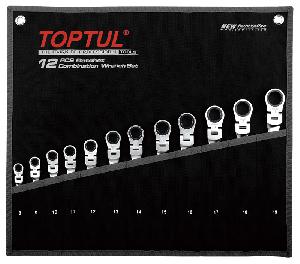 Набор TOPTUL ключей комбинированных трещоточных шарнирных 8-19 мм, 12 предметов на полотне  