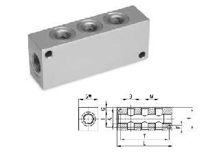 Коллектор CAMOZZI 3043 3/8-3D-1/4, вход 3/8", 3 выхода на 1/4". выходы с двух сторон