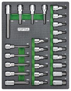 Набор TOPTUL головок торцевых 1/2" с насадками Hex, Torx, Spline, 25 пр., в мягком ложементе